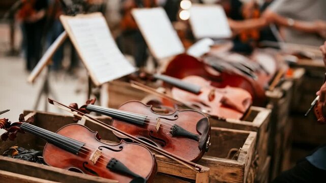 Medium shot of a coordinator organizing musicians for a vibrant heritage festival arranging instruments and schedules with focused attention