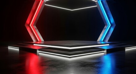 Futuristic Stage With Red Blue Neon Lights and Dark Textured Platform Ready for Performance