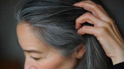 Naklejka premium Woman touching gray hair with hand in close up studio shot