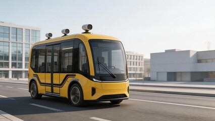 Yellow autonomous bus on city street