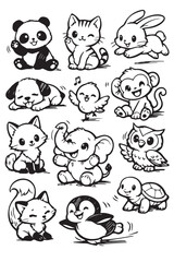 Obraz premium A vector artwork showing many cute small animals like panda, cat, dog, monkey, elephant, penguin, and turtle, symbolizing fun wildlife cartoon theme art.