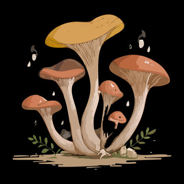 Community of tiny coffee colored mushrooms for wilderness exploration maps and botanical field study guides - Vector Illustration