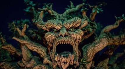 Fantasy tree face with angry expression against transparent background