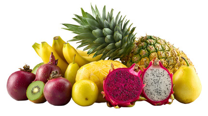 Fresh tropical fruits assortment with pineapple banana mango kiwi dragonfruit on white background