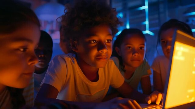 smiling black children gathered around glowing laptop in lowlight studio, neon reflections and warm screen glow, coding workshop vibe, group collaboration and mentor support, amazed faces,