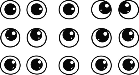 Set of cute cartoon googly eye vector illustrations with various pupil positions and expressions isolated on white for character design and comic animation assets.