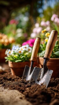Gardening tools and terracotta pots in bright garden with blooming flowers and soft focus background during spring planting