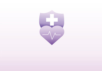 Obraz premium Minimalist medical shield and heart icon on purple gradient background, symbolizing comprehensive wellness and healthcare