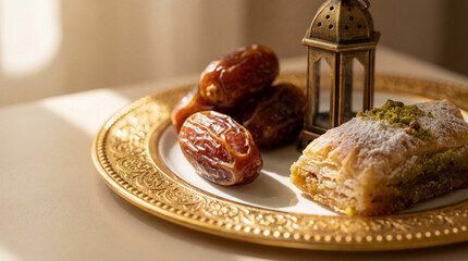 Dates and Baklava with a Lantern on a Golden Plate for Ramadan.