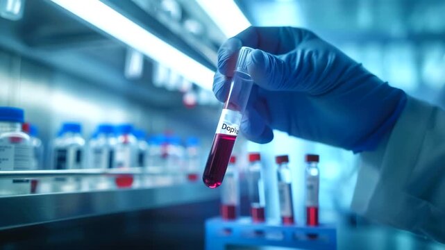 Gloved hand holds blood test tube in clinical laboratory, technician inspects filled vial under cool blue lighting, sample racks and reagent bottles blurred in background, methodical