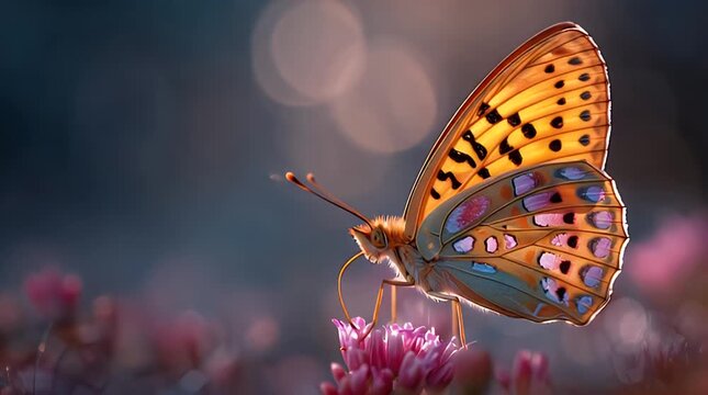 Butterfly Resting on Flower with Soft Glowing Colorful Wings