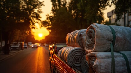 Carpets rolled up in pickup truck bed during sunset transport