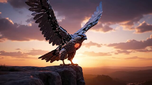 A large bird with outstretched wings perches on a rocky outcropping against a vibrant sunset with scattered clouds.
