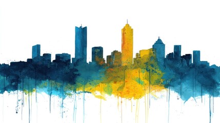 Obraz premium Abstract watercolor skyline illustration featuring buildings and artistic color