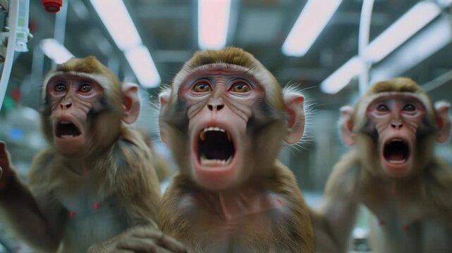 Three macaque monkeys screaming inside lab, fluorescent lights overhead, metal enclosure bars, open mouths showing teeth, wide anxious eyes, primates pressing against glass, urgent