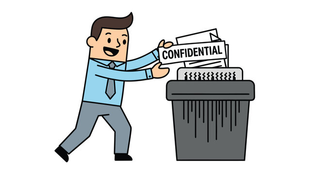 Professional man shredding confidential documents in a paper shredder, emphasizing data security and privacy protection.