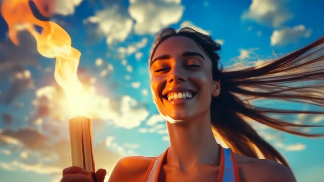 young woman holding flaming torch smiling against dramatic sunset sky, hair blowing in wind, golden glow and warm light, victory relay mood, festival atmosphere and inspirational energy