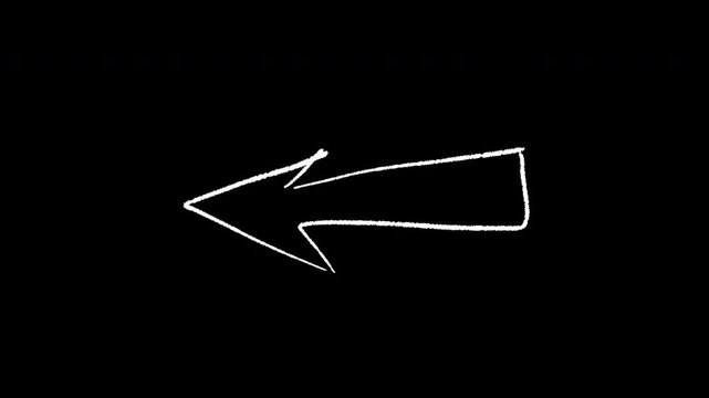 Hand-drawn white arrow pointing left on a stark black background, simple and clear directional symbol.
