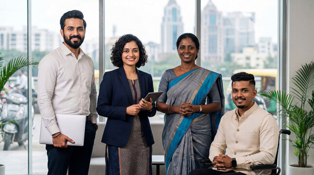 Corporate portrait of young adult Indian business professionals standing together in modern office with city view in India