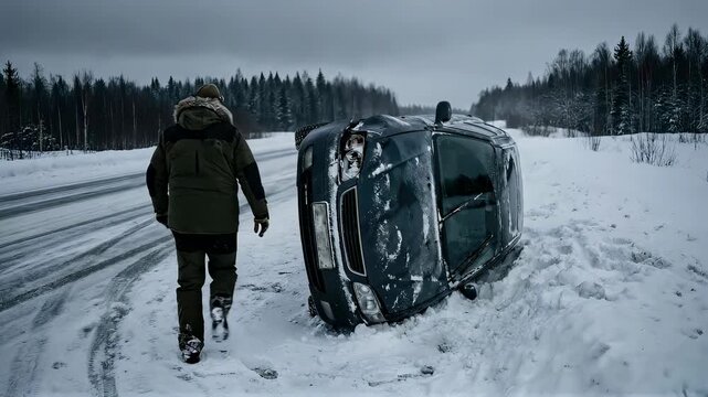 Man checking overturned car on a snowy road after an accident, then observing damage and walking away from the vehicle.