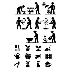 Farming Tools and People Planting Trees Silhouette Pack - Shajarkari Concept and Agriculture Gardening Vector Illustration Set