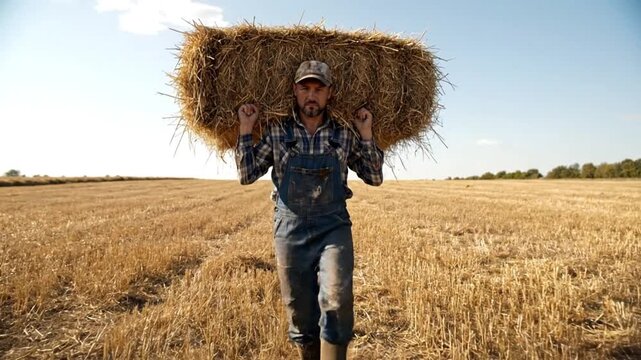 Farmer Carrying Hay Bale Across Field Rural Work
