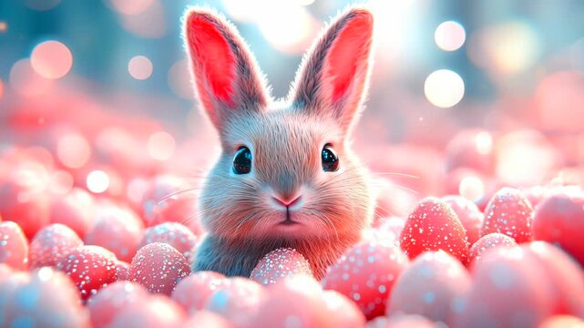 pastel pink rabbit among candy eggs peeking through soft glitter spheres, warm bokeh lights, cozy whimsical spring mood, studio macro portrait for holiday family campaigns, kids products,