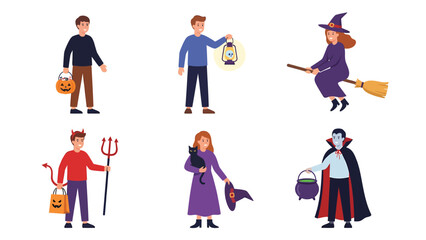 Fototapeta premium Halloween Characters Set with Costumes: Witch, Vampire, Devil, and Trick-or-Treaters