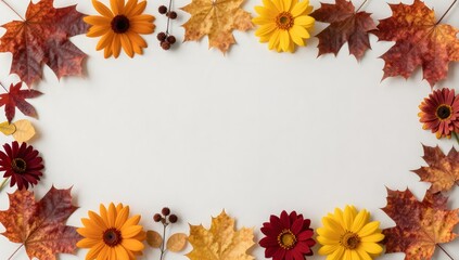 Obraz premium Colorful autumn frame with leaves and flowers on white background creating a border