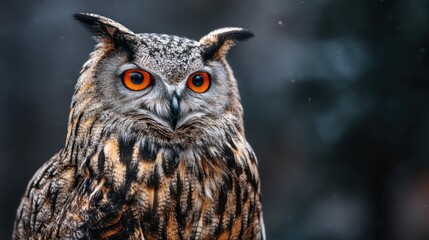 Obraz premium Close up portrait of a majestic owl with striking orange eyes and feathers