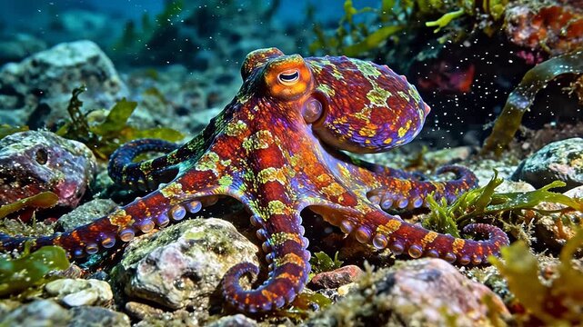 Colorful octopus on ocean floor