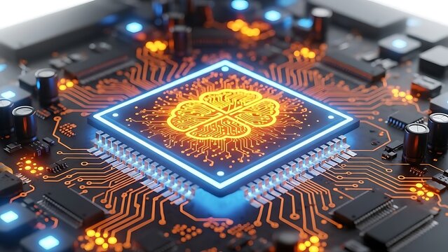 Closeup of a computer chip with a brain circuit design on a motherboard with glowing orange and blue lights  electronic components