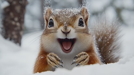 A close-up of a smiling squirrel with snow on its fur and surroundings, expressing joy