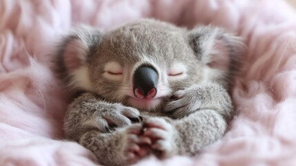 A baby koala rests peacefully, nestled in soft pink fur, eyes closed, exhibiting serenity and comfort