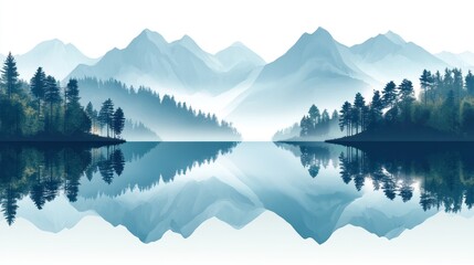 Scenic illustration depicting a serene lake with layered mountains, trees, and their mirrored reflection