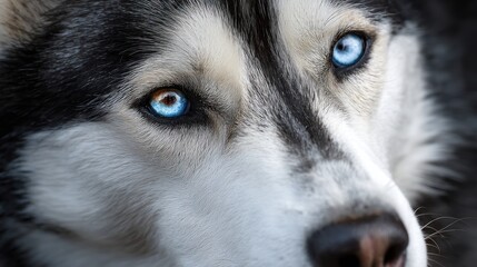 Close up of a husky dogs face with striking blue and brown eyes