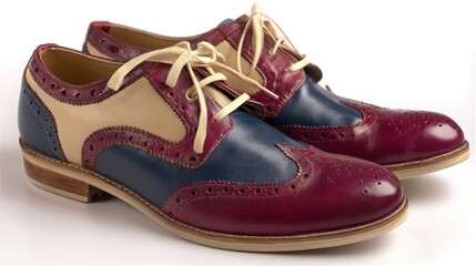 Pair of colorful leather shoes with laces displayed against transparent background