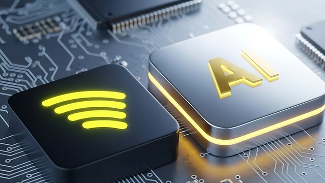 Closeup of AI and WiFi circuit board components with glowing yellow lines and metallic finish on electronic background
