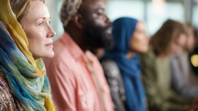 Medium shot of diverse group engaging in interreligious service blending rituals and prayers to foster mutual respect and unity among different faiths.