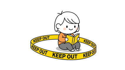 Naklejka premium Personal space concept: Cute cartoon character reading book inside 'Keep Out' tape circle, emphasizing focus and quiet time
