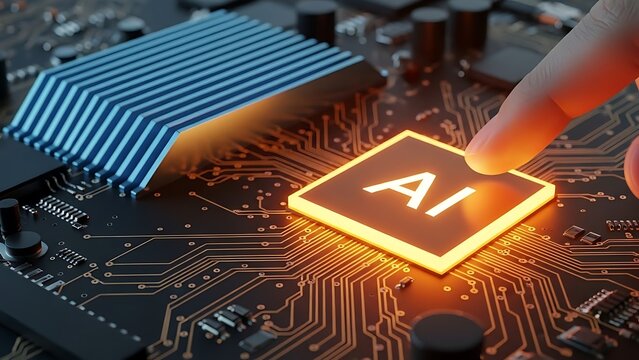 Closeup of hand touching AI chip on computer circuit board with glowing orange light  technology and innovation concept