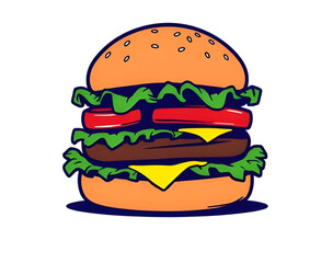burger, hamburger, food, fastfood, cartoon, illustration, isolated, bun, beef, patty, cheese, lettuce, tomato, sesame, meal, snack, tasty, yummy, delicious, juicy, grilled, sandwich, streetfood, diner