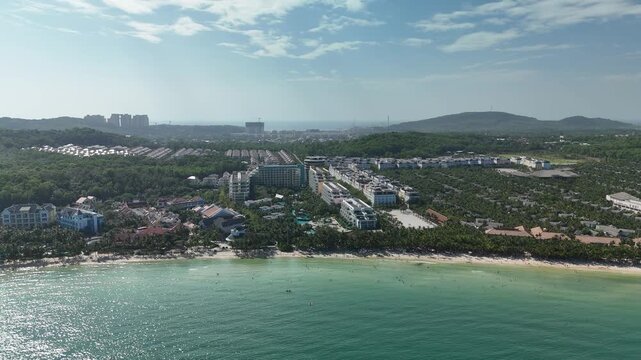 Kem Beach, Phu Quoc Island, An Giang (Kien Giang), Vietnam &ndash; 4K Aerial Drone View of Tropical Beaches, Turquoise Water, Sandy Shoreline, Resorts, Rocky Coast, Coral Reefs, Coastal Forest