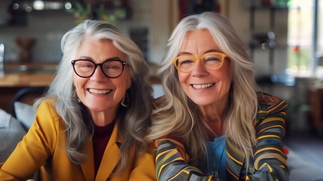 two smiling older women sitting closely, leaning in and sharing warm laughter in cozy cafestyle kitchen, gray hair with vintage glasses, yellow blazer and striped sweater, affectionate gaze