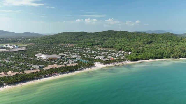 Kem Beach, Phu Quoc Island, An Giang (Kien Giang), Vietnam &ndash; 4K Aerial Drone View of Tropical Beaches, Turquoise Water, Sandy Shoreline, Resorts, Rocky Coast, Coral Reefs, Coastal Forest