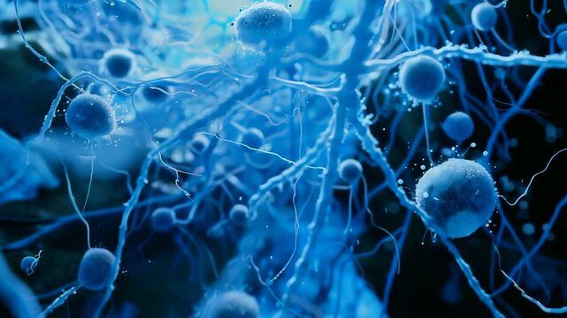 Dense neural network of blue cells and filaments, spherical soma connected by webbed dendrites, microscopic perspective with immersive depth, cool cinematic tones for brain mapping