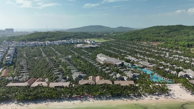 Kem Beach, Phu Quoc Island, An Giang (Kien Giang), Vietnam &ndash; 4K Aerial Drone View of Tropical Beaches, Turquoise Water, Sandy Shoreline, Resorts, Rocky Coast, Coral Reefs, Coastal Forest