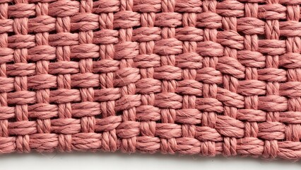 Closeup of pink woven fabric texture with interlaced threads on white surface