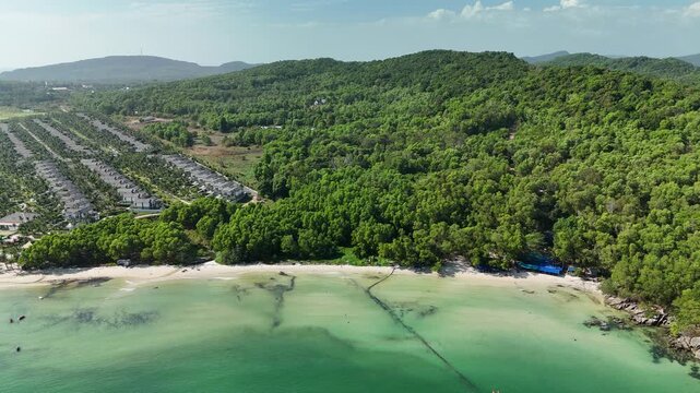 Kem Beach, Phu Quoc Island, An Giang (Kien Giang), Vietnam &ndash; 4K Aerial Drone View of Tropical Beaches, Turquoise Water, Sandy Shoreline, Resorts, Rocky Coast, Coral Reefs, Coastal Forest