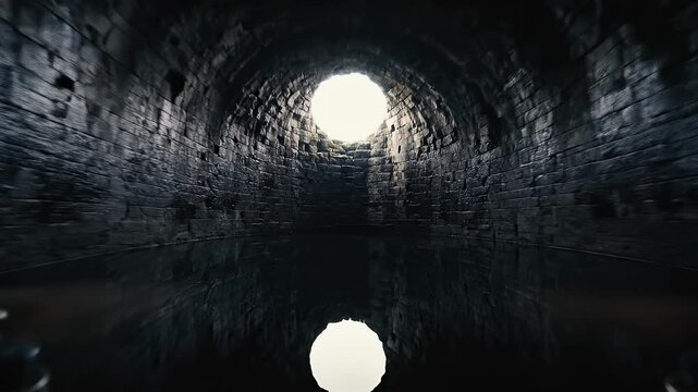Ancient stone tunnel with water at the bottom and light at the end